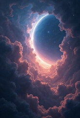 A beautiful, colorful sky with a large, glowing circle in the middle. The sky is filled with clouds and stars, creating a sense of wonder and awe. The image evokes a feeling of peace and tranquility