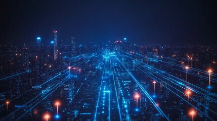 Obraz premium Smart digital Innovation city with connection network reciprocity over the cityscape. of future smart wireless city and social media networking systems that connects business people with in city