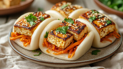 Plant-Based Bao Buns with Pan-Seared Tofu and Fresh Vegetables on Speckled Gray Plate