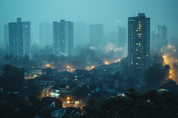 Air pollution in crowded city full of fog and smoke