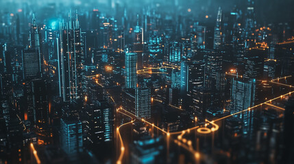 Smart digital Innovation city with connection network reciprocity over the cityscape. of future smart wireless city and social media networking systems that connects business people with in city