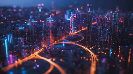 Fototapeta premium Smart digital Innovation city with connection network reciprocity over the cityscape. of future smart wireless city and social media networking systems that connects business people with in city