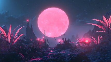 Fototapeta premium Pink Moon Illuminates Vibrant Alien Landscape: Stunning Digital Painting in a Futuristic Style. AI Generated