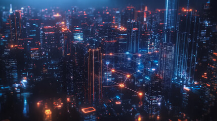 Fototapeta premium Smart digital Innovation city with connection network reciprocity over the cityscape. of future smart wireless city and social media networking systems that connects business people with in city