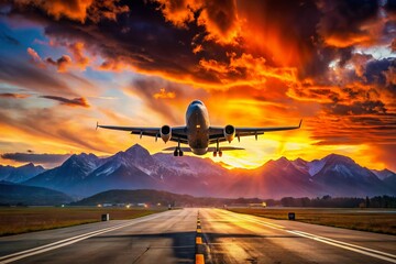 Naklejka premium Dramatic Sunset Airplane Landing Mountain Runway Aviation Stock Photo