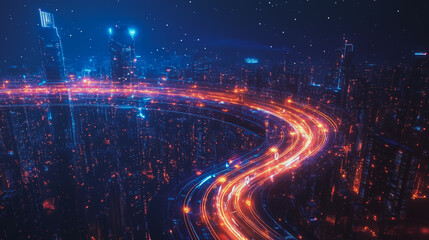 Fototapeta premium Smart digital Innovation city with connection network reciprocity over the cityscape. of future smart wireless city and social media networking systems that connects business people with in city