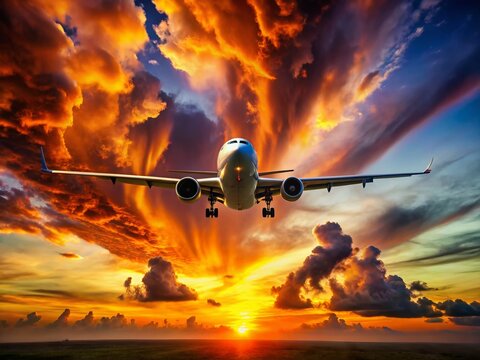 Dramatic Sunset Airplane Flight Above Clouds - Stock Photo