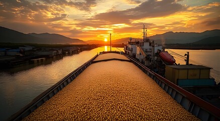 Cargo ships loaded with dried corn at the port. This gives an idea of ​​world trade and import or export. And encourages the transportation of goods by sea.