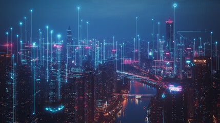 Fototapeta premium Smart digital Innovation city with connection network reciprocity over the cityscape. of future smart wireless city and social media networking systems that connects business people with in city