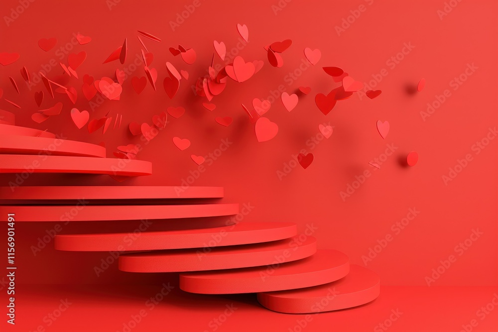 Poster valentine's day red background with floating hearts and circular steps creating a romantic ambiance 
