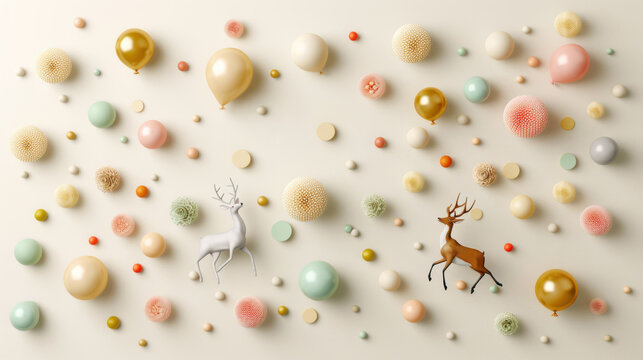Playful Christmas Scene of Colorful Decorative Elements Featuring Abstract Shapes, Balloons, and Stylized Deer Figures on a Soft Pastel Background for Modern Design