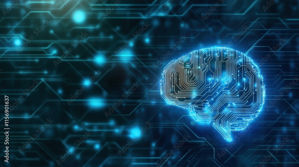 Poster futuristic digital brain design with circuit patterns against a dark background, representing artifi