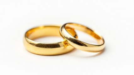Gold wedding rings on a white background.