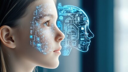 Obraz premium Futuristic Concept of Artificial Intelligence with Human Profile and Digital Elements Merging Technology and Humanity in a Vision of Innovation and Science