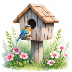 bird house and flowers