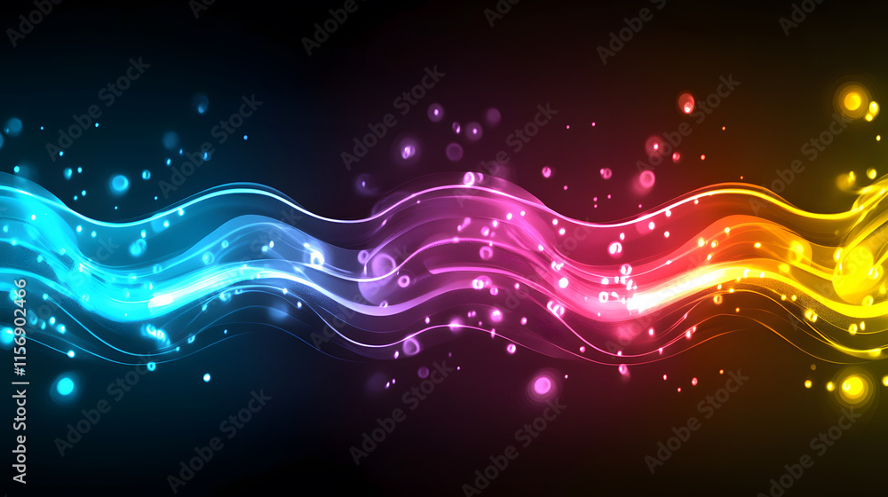 Poster Colorful abstract waves with sparkling effects on a dark background