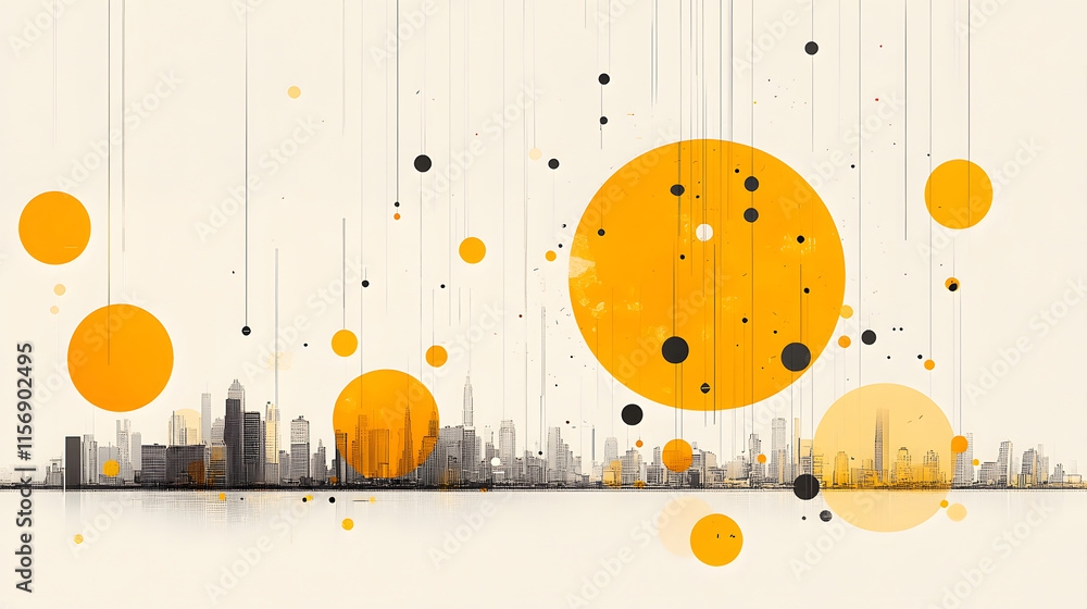 Poster Abstract cityscape with yellow circles and a minimalistic background