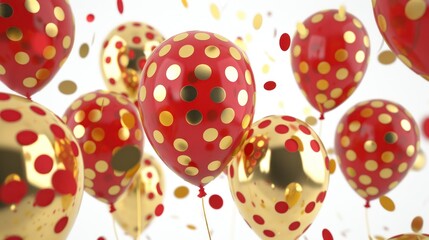 Fototapeta premium Red and Gold Party Balloons with Polka Dots Floating Amidst Festive Confetti for Celebrations, Birthdays, Events, and Special Occasions