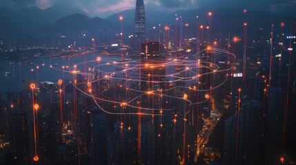 Fototapeta premium Smart digital Innovation city with connection network reciprocity over the cityscape. of future smart wireless city and social media networking systems that connects business people with in city