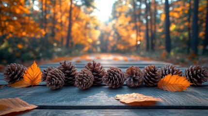 Autumnal forest path with pine cones and leaves.