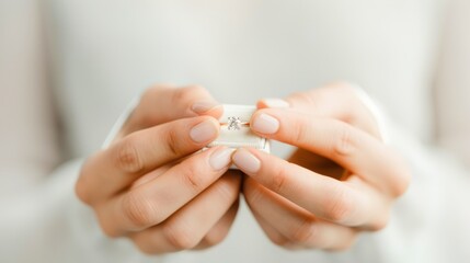 Hands Holding a Beautiful Wedding Ring with Sparkling Details Against a Soft, Light Background Ideal for Celebrating Love and Commitment Moments in Elegant Settings