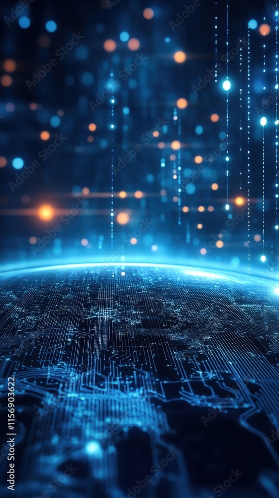 Poster futuristic digital landscape with glowing data streams and earth representation, illustrating connec