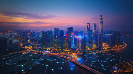 Smart digital Innovation city with connection network reciprocity over the cityscape. of future smart wireless city and social media networking systems that connects business people with in city