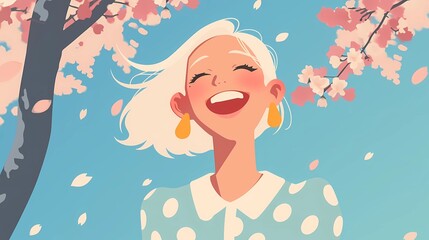 Flat Illustration of a Girl in Polka-Dot Dress Laughing Under Cherry Blossoms: Spring Lo-fi Happy Music YouTube Thumbnail