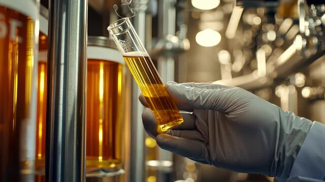 Close-up of beer in a test tube. Selective focus