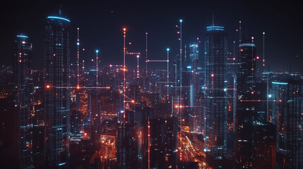 Smart digital Innovation city with connection network reciprocity over the cityscape. of future smart wireless city and social media networking systems that connects business people with in city