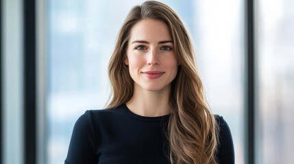 Confident Young Woman Smiling in Modern Office Environment with Natural Light and Cityscape Background, Portraying Professionalism and Approachability