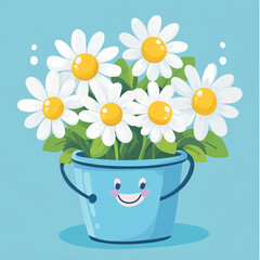 Cheerful Cartoon Daisy Bucket with Smiling Face and Playful Flower Arrangement