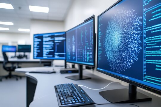 Modern Data Analysis Workstation with Multiple Monitors Displaying Complex Visualizations and Programming Code in a Sleek Digital Environment