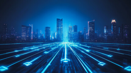 Obraz premium Smart digital Innovation city with connection network reciprocity over the cityscape. of future smart wireless city and social media networking systems that connects business people with in city
