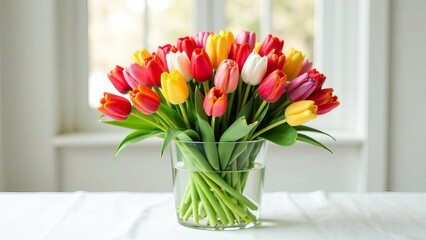 Bouquet of tulips on a white table