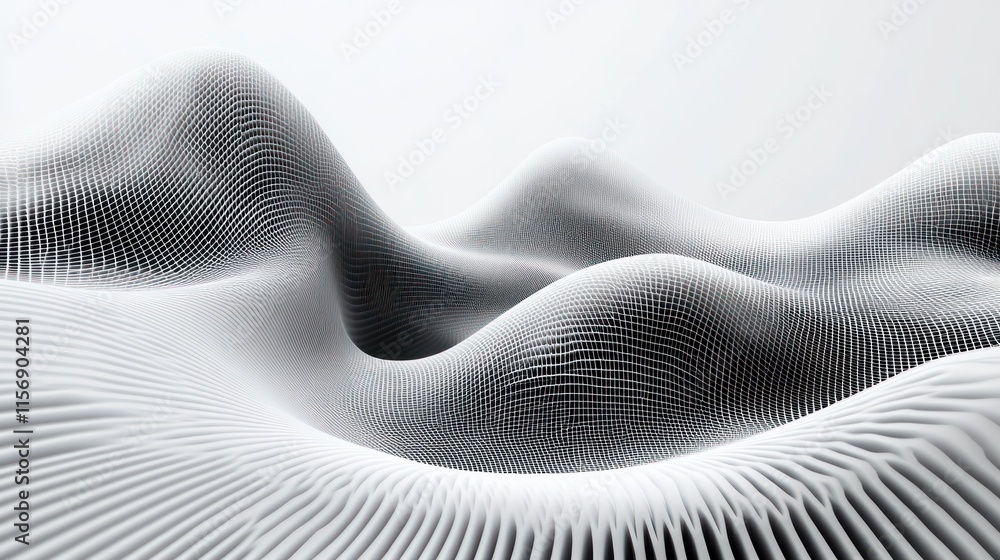 Poster abstract grayscale undulating wave pattern.