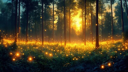 Obraz premium A serene forest scene illuminated by glowing fireflies at sunset.
