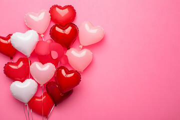 Fototapeta premium Valentine's day background with red and pink hearts like balloons on pink background, flat lay