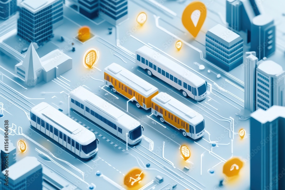 Poster urban transportation network with 3d bus models and geolocation icons depicting modern city infrastr