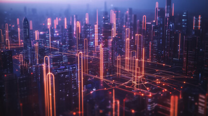 Fototapeta premium Smart digital Innovation city with connection network reciprocity over the cityscape. of future smart wireless city and social media networking systems that connects business people with in city