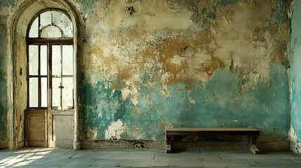 Aged Room Photo: A Beautifully Weathered Bench Rests Against a Decaying Wall. AI Generated