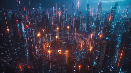 Fototapeta premium Smart digital Innovation city with connection network reciprocity over the cityscape. of future smart wireless city and social media networking systems that connects business people with in city