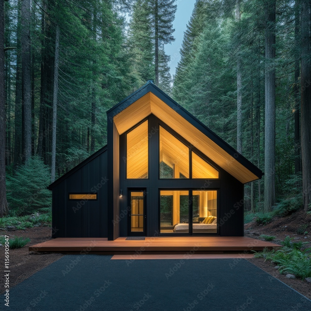 Poster modern cabin nestled in tranquil forest setting, showcasing sleek architecture with large windows, w