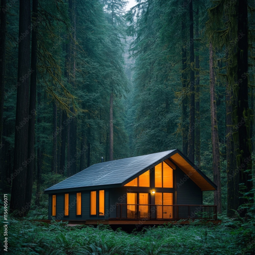 Poster serene modern cabin surrounded by majestic tall trees in enchanting forest setting with warm glow fr