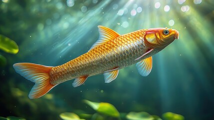 Fototapeta premium Single orange Koi fish swimming underwater, sun rays shining through the water.