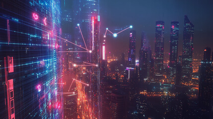 Obraz premium Smart digital Innovation city with connection network reciprocity over the cityscape. of future smart wireless city and social media networking systems that connects business people with in city