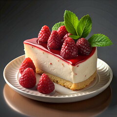 A slice of cheesecake topped with fresh raspberries and a sprig of mint.