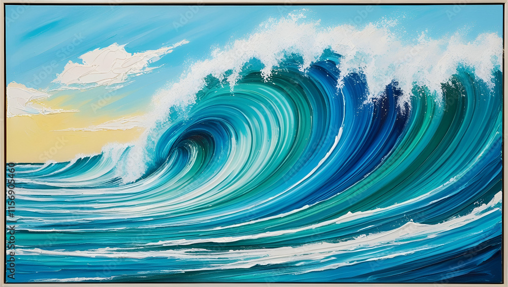 Poster a vibrant abstract wave pattern with flowing curves in a spectrum of bright, bold colors, blending s