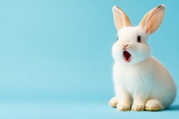 Obraz premium A fluffy white bunny with its mouth open adds joy to Easter celebrations, enhancing happiness and togetherness for friends, children, and families during this festive season of love