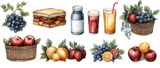Watercolor Picnic Basket: A delightful collection of watercolor illustrations depicting picnic basket essentials, including fresh fruit, a sandwich, juice, and milk.
